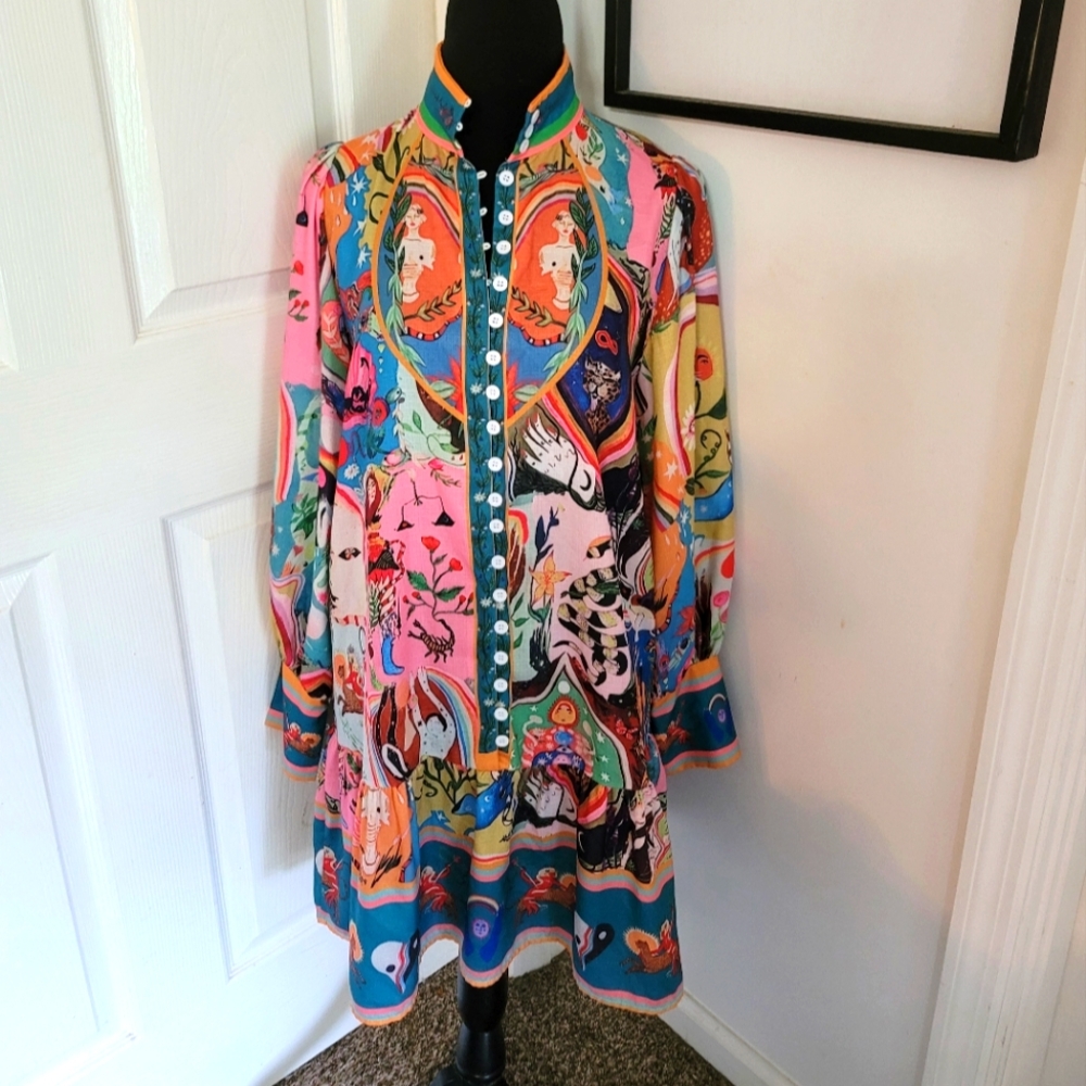 Hippy Hamsa Boho Peace Ruffle Hem Dress Size Medium